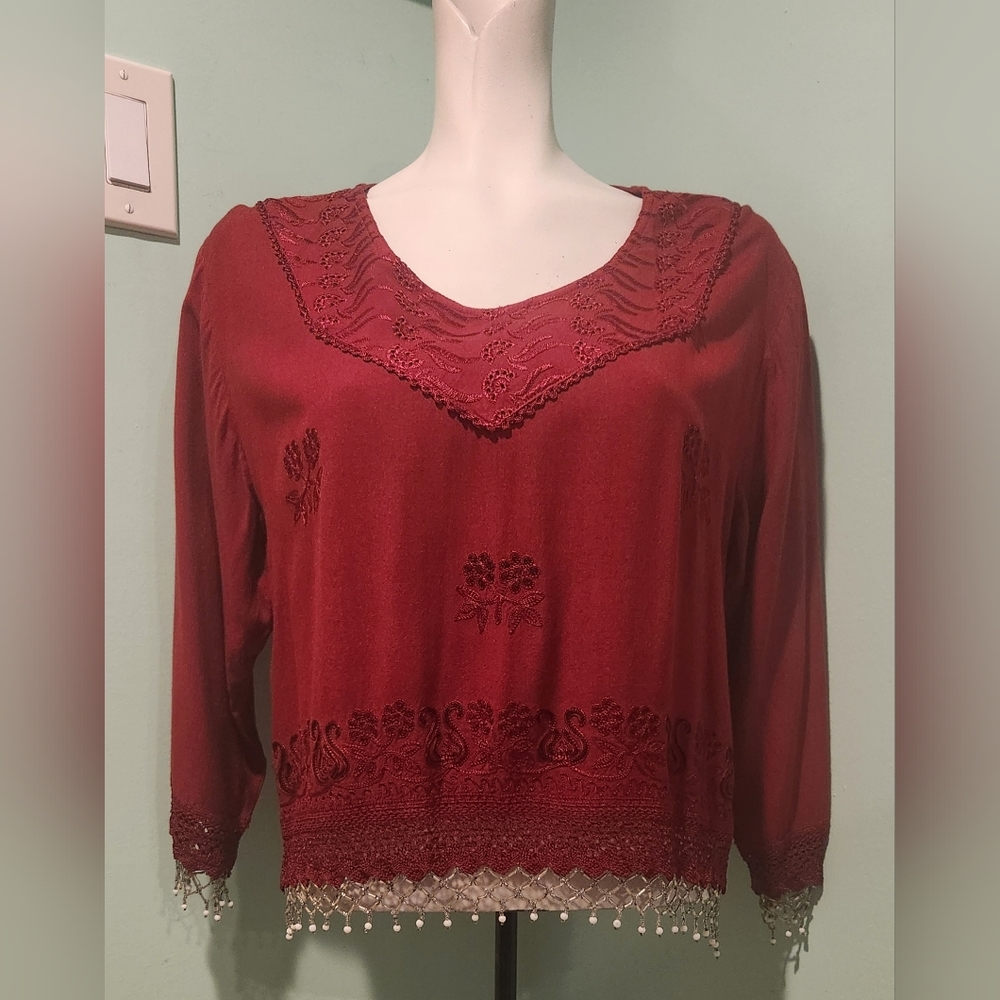 FABULOUS BOHO Vintage Burgundy Handmade Red Free Size Blouse with Beaded Trim